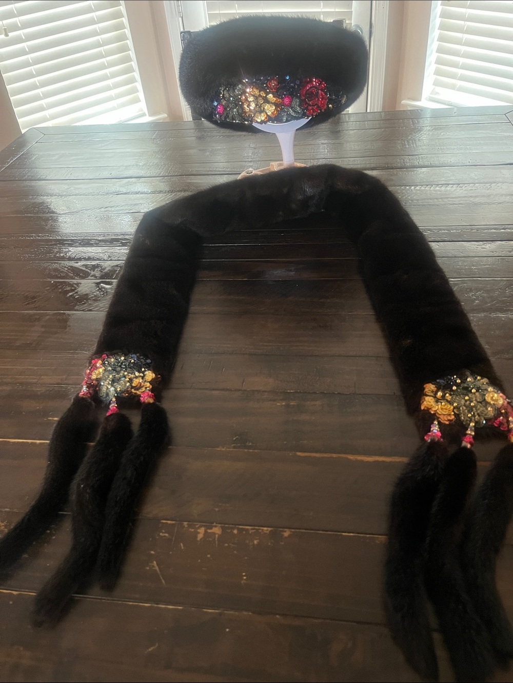Embellished Black  Mink Fur Scarf with Tassel Accents